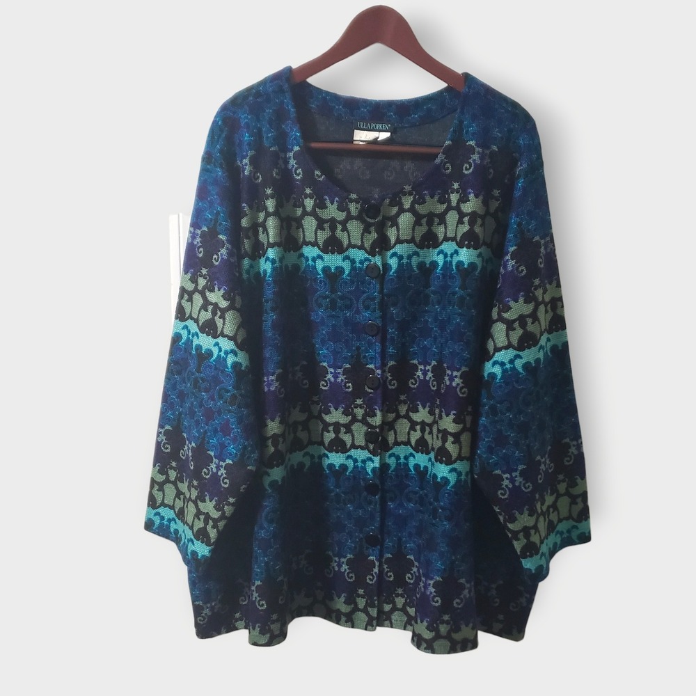 Ulla Popken Womens Plus Size 32/34 Blue Green Damask Print Knit Button Jacket
